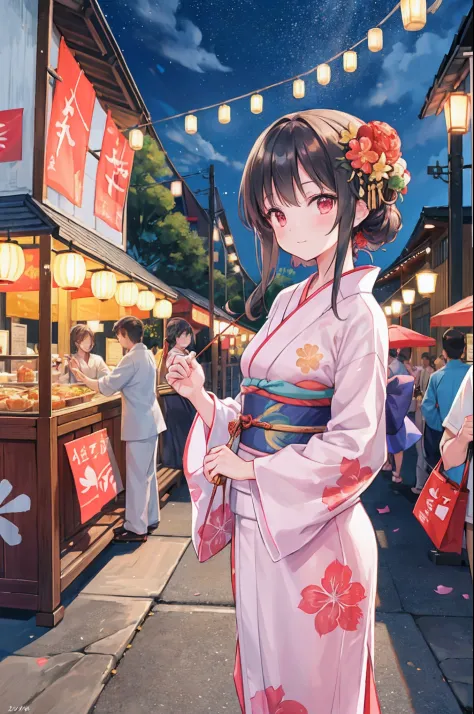 absurderes, hight resolution, ultra-detailliert, (Short sleeve),(Summer:1.3), BREAK ,In the lively scene of the Japan summer festival, Person strolling happily along the street decorated with colorful yukata robes々 (Summer kimono). Lanterns illuminate the ...