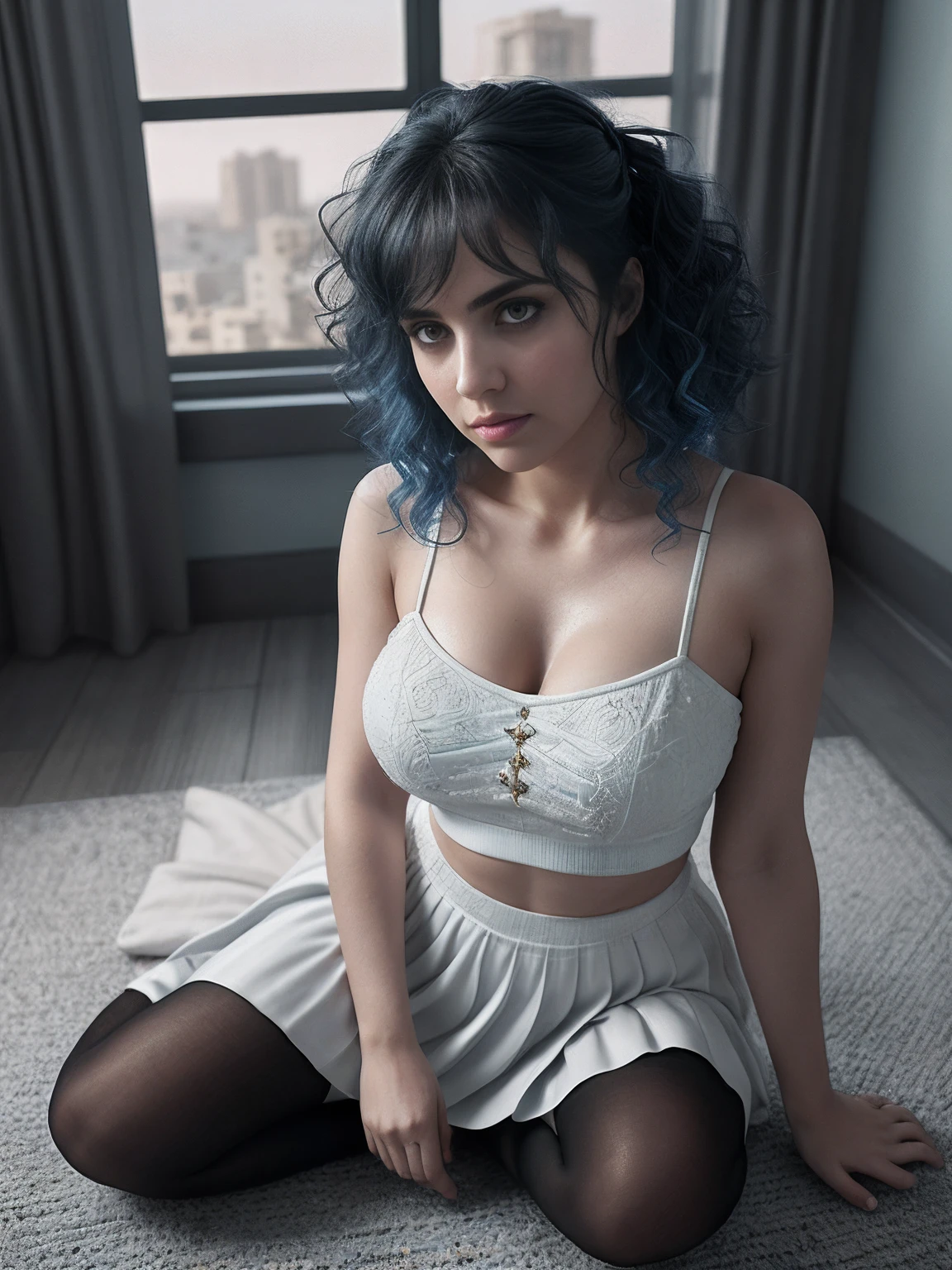 Full body of a Syrian WOMAN, blue curly  hair with white crop top and tight pleated skirt, big boobs, angry look, looking away from camera, old syrian city, natural skin texture, 24mm, 4k textures, bright cinematic light, RAW photo, photorealism, photorealistic, intricate, elegant, highly detailed, sharp focus, ((((((cinematic look)))), soft tones, insane details, intricate details, hyperdetailed, low contrast, soft cinematic light, bright colors, exposure mix,  hdr, over head view angle, unique poses in bedroom, over the knees black socks