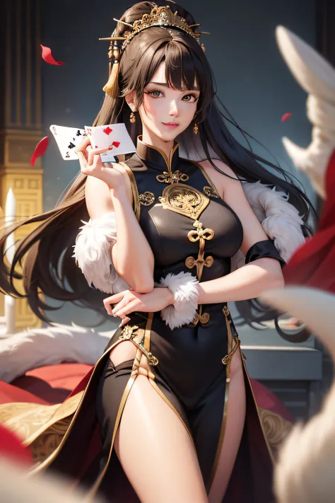 （（Best quality，tmasterpiece，A high resolution，CG）），（The face is fine and perfect）tmasterpiece，Need，（Chinese style elements），straight brown hair，Sleeveless cheongsam（cropped shoulders,No chest baring, No chest baring），Chess and card element hair accessories...