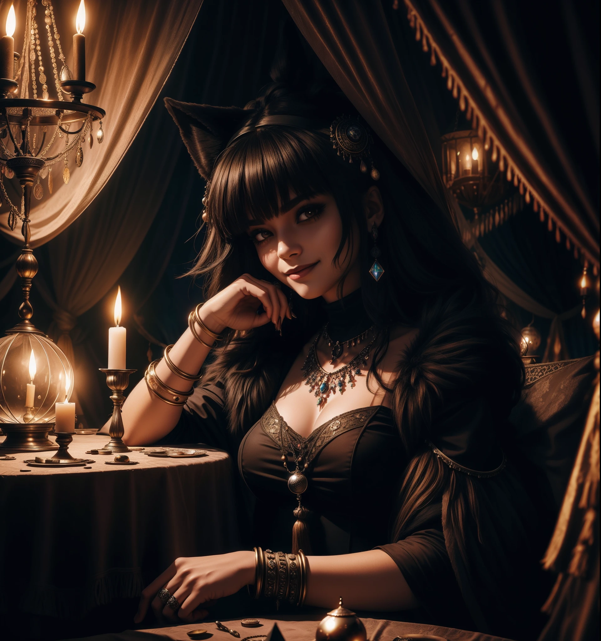 RAW photo,  FurryStyle  portrait, looking at viewer, solo, upper body, detailed background, close up,  (ToxicPunkAI theme:1.1), fortune teller, charlatan, sinister smile,  sitting at table, colorful  loose gypsy fortune teller clothes,   large bracelet,  coins,    crystal ball, (melted candles on table:0.8), medieval (tent interior:1.1) background, tent curtains in background, dark mysterious lighting, shadows, magical atmosphere,  Intricate details