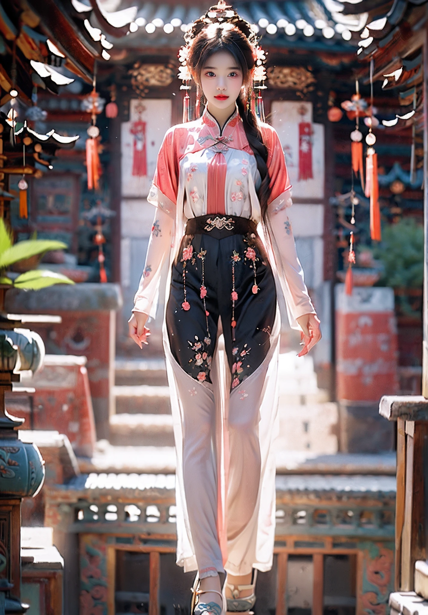 (8k, RAW photo:1.2), best quality, ultra high res,dramatic angle,(fluttered detailed color splashs), (illustration),(((1 girl))),(long hair),(rain:0.9), (Headdress:1.4),There is an ancient palace beside the girl,Hanfu,(Key Points),Color ink painting,(Splash of Color),Splash of Color,(((colorful))),(sketch:0.8) , Masterpiece, best quality, beautiful painted, highly detailed,(denoising:0.6),[splash ink],((ink refraction)), (beautiful detailed sky),moon,highly,detaild,(masterpiece, best quality, extremely detailed） CG Unity 8k Wallpaper，masterpiece，best quality，Ultra Detailed），（Lycoris），