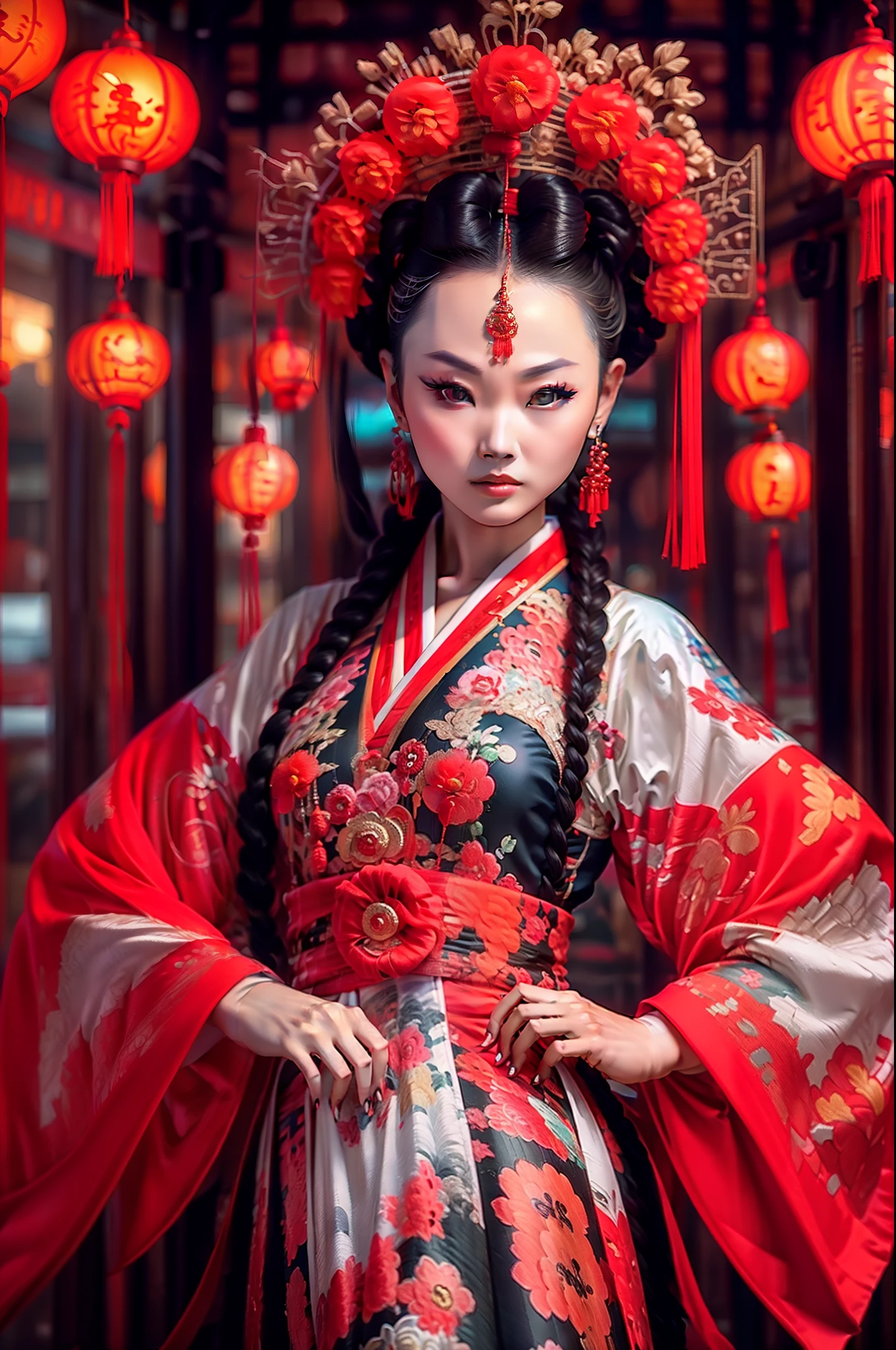 Chinese Ghost Festival，Middle Metaverse，The mysterious aura of ghosts, Zombie girl,Clearing, Raised sexy,dance,Chinese elements,poster for,Spell,red fox,Red style,lanterns,ghost,Ancient house