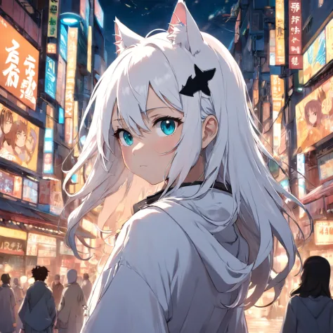 1 white woman looking at the camera, (cabelos brancos), (Olhos Ciano), orelhas de gato, gatinha, roupas casuais, estilo capa de anime