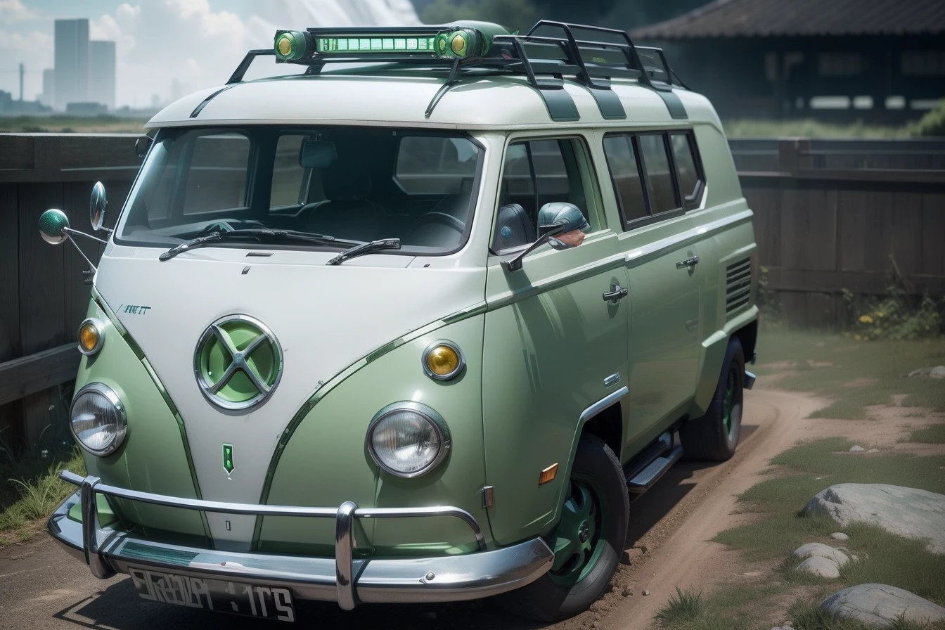 There is a green vw bus parked on the side of the road - SeaArt AI