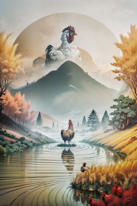 Poster, The scenery of a rural morning, ((a giant rooster in the center of the picture)), hazy morning mist, and a sense of eleg...