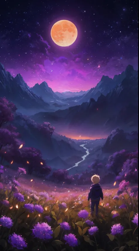 a painting of a little blonde boy standing in a field of flowers looking at the moon, anime art wallpaper 8 k, magical landscape...