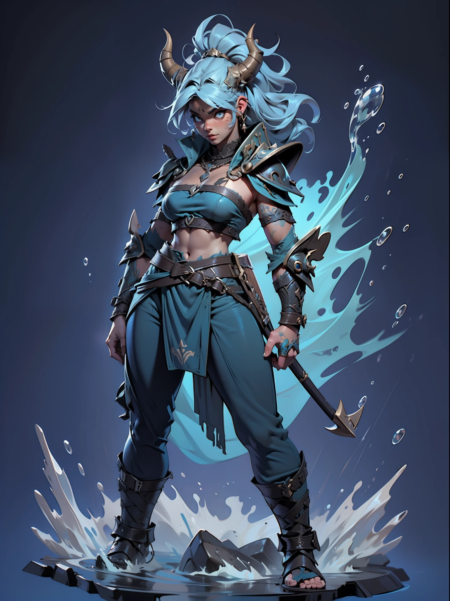 ((top-quality))、((tmasterpiece))、((Full body photo of a woman))、((very simple background))、(Game character design)、amazon warrior，Primitive barbarian tribal style，The water element blends with the clothes，((Blue cuirass bandeau))，exposed navels，Blue animal skin costume，cloaks，Blue clothes，Blue demon monster、monster design，(Water Goddesarine element merger)、Cartoony、Beastman、Ivory ornaments、solo、Fighting posture，Riot game concept art