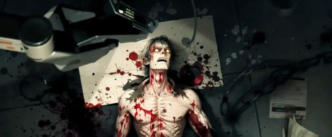 There is a zombie lying in the lab, Covered in blood
