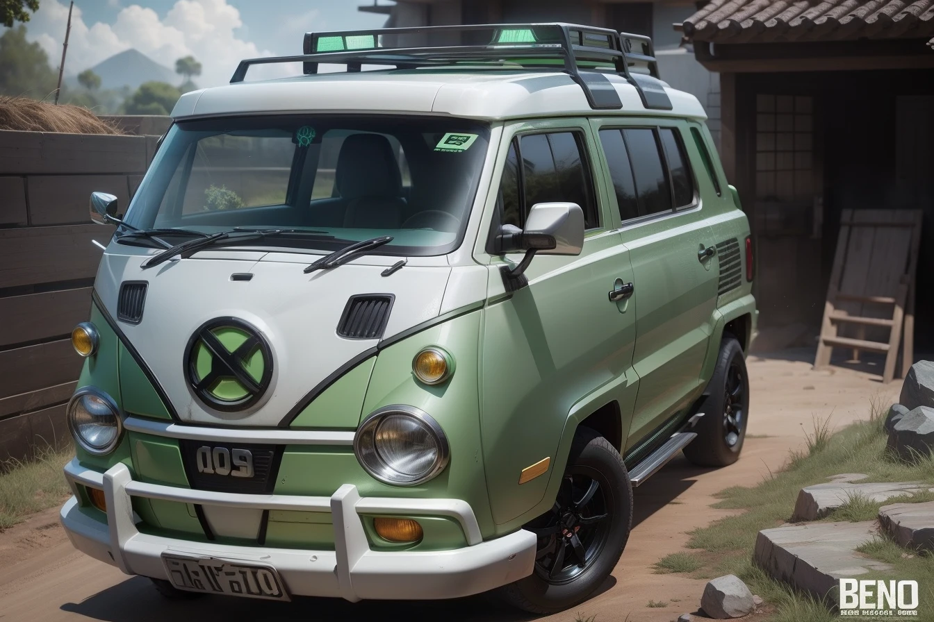 A close up of a van parked on a dirt road near a building - SeaArt AI