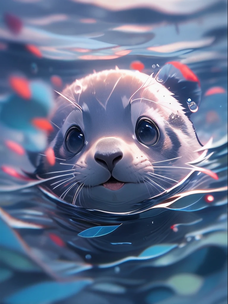 1只可爱的小海豹, 臉部特寫, 肖像, 毛茸茸的, 無人, 在水裡, 海底, 游泳, 水泡, 氣泡, 更多細節, 飽和的顏色, 可愛的微笑, 最好的品質, 8K, 高飽和度