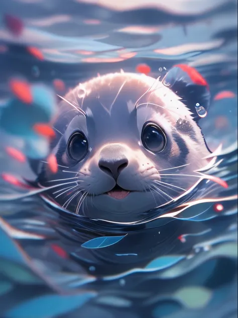 1 cute little seal, close-up face, Portrait, Furry, No Man, In water, ocean floor, Swimming, Blisters, Buble, More details, Satu...