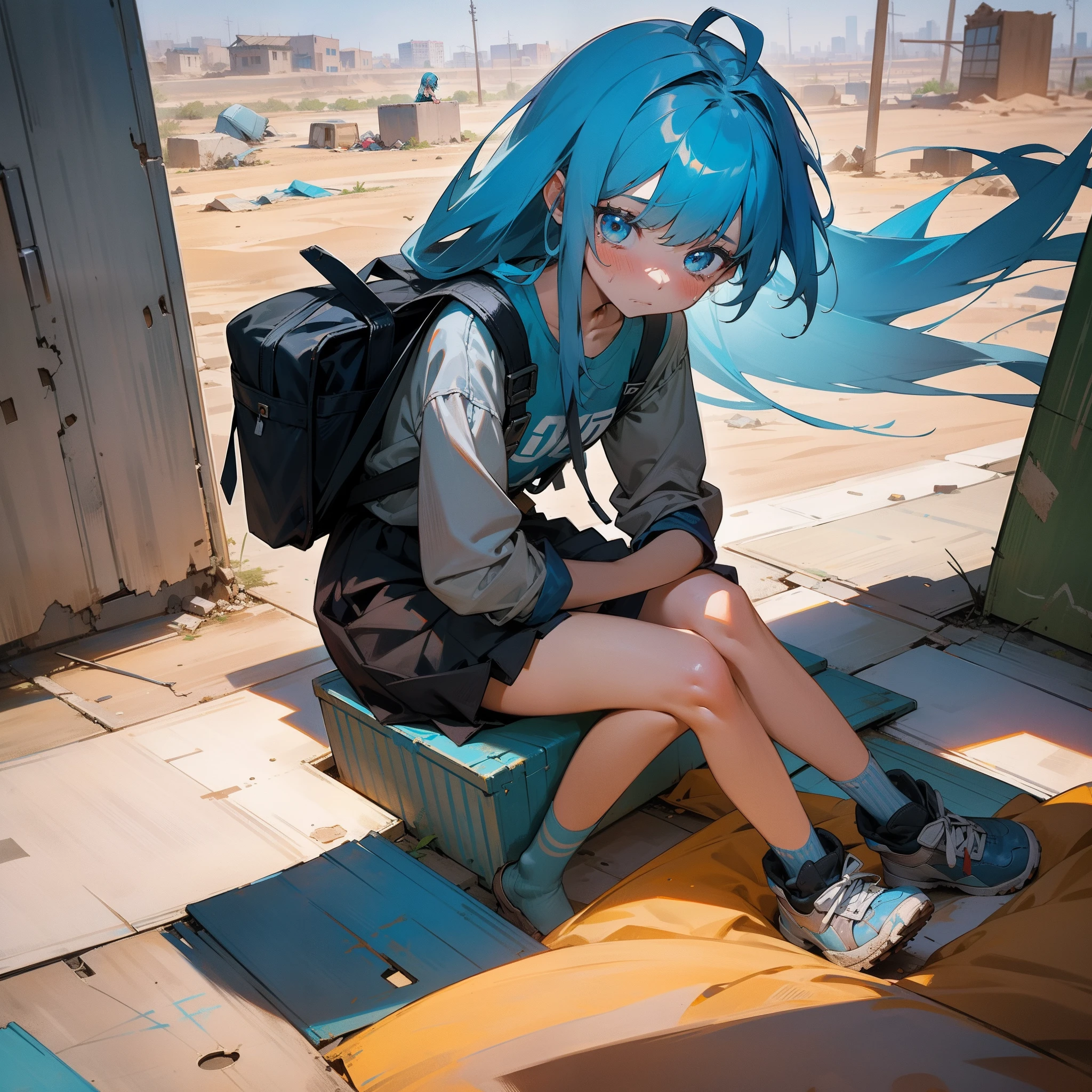 Anime girl with blue hair sitting on a box in the desert - SeaArt AI