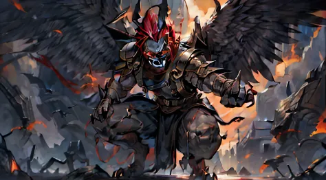 (extremely detailed 8k wallpaper) masculine man, fallen angel, black wings, torn wings, red eyes, deadly stare, sharp fangs, bloody hands, unique pose, screaming, black gold armor, full of rage, chaos, red hair, dark eyebags, skinny but muscular, has a glo...
