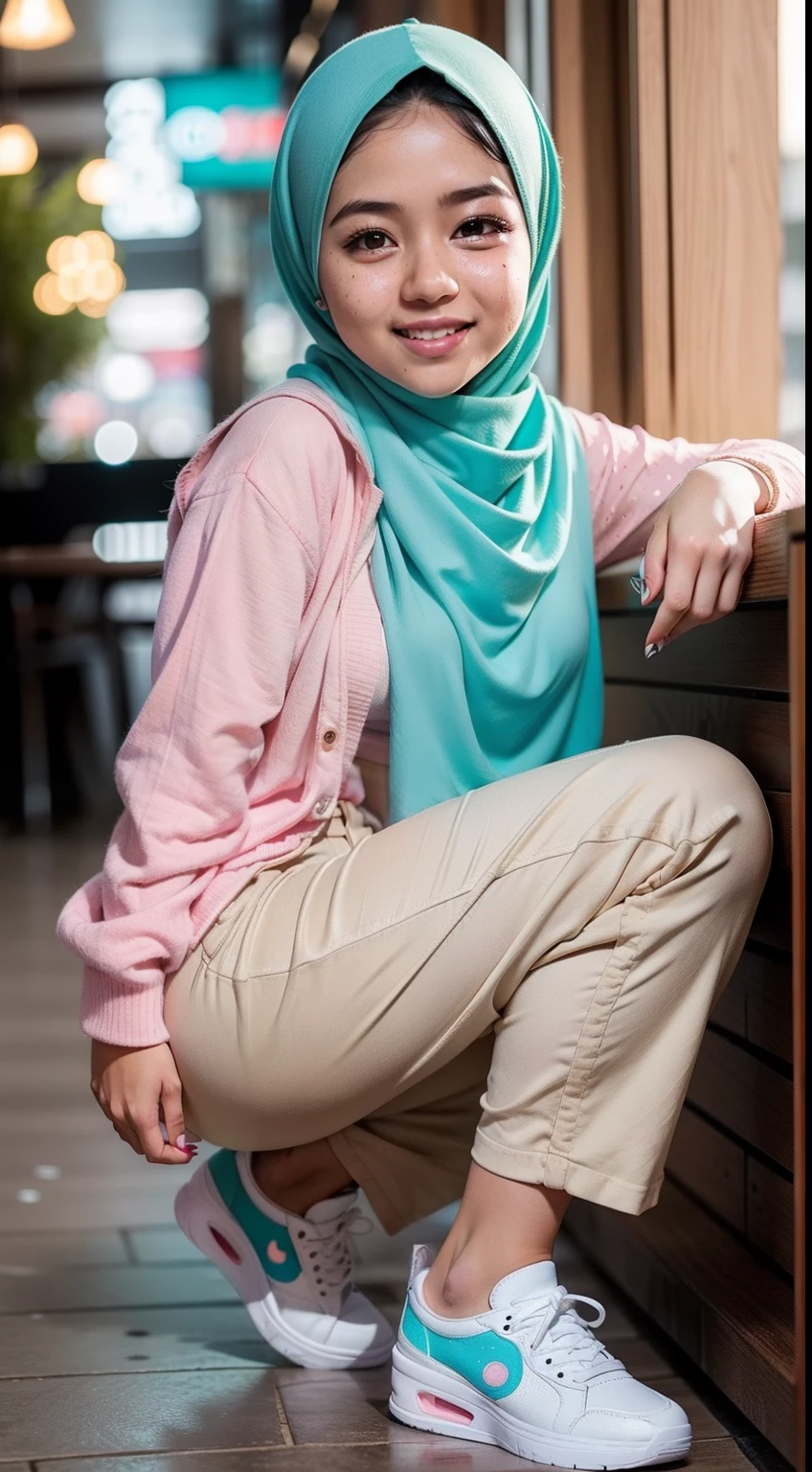 Malay girl (mira filzah:1.2) with pastel color hijab standing and pose in hipster cafe, happy, smiling, nighttime, wearing turquoise polka dot blouse and blue pastel low waists pants, pink thick platform sneakers,  professional lighting, blur background, cool ambient, bokeh, small breast, small waist, small head, short petite body, wide hips, thick thighs, long leg, thick leg,sexy pose, bright lighting, mole below eyes, skin spots, acnes, skin blemishes, age spot, detail skin texture, skin detail, skin wrinkle detail, dark brown skin, gold necklace,