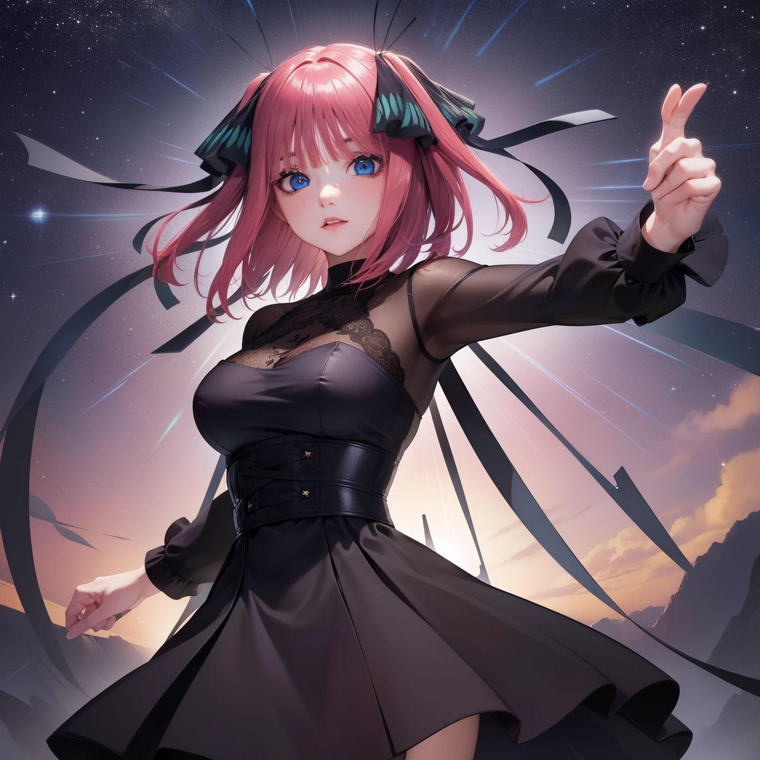 ((Lector de stars con fondo negro visto en frente)), (((((pink hair))))),(((blue eyes))), black dress, stars,Itsuki Nakano, itsuki, night sky, green meal, (anime style), lo gothic, anime girl, goth girl, anime, Gothic, (((pink hair))),(((blue eyes hermosos))), Dynamic poses, perfect body,(mini skirt), fitted dress, thighs, se ven sus thighs, (((pink hair))), sexy, Perfect eyes,pink color in her hair