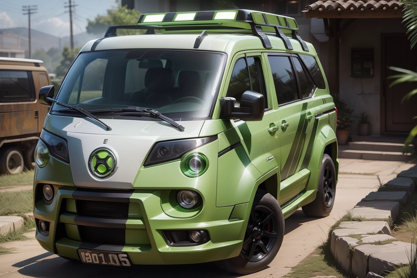 A close up of a green and white vehicle parked on a street - SeaArt AI