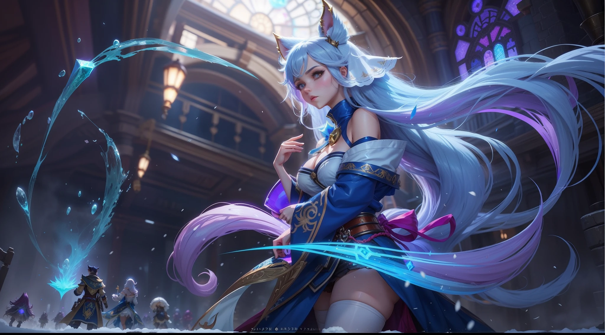 league of legends character art, League of Legends concept art,league of legends splashart, League of Legends character, league of legends art, from league of legends, Riot game concept art, league of legends style art, league of legends splashart, league of legends champion,komono, Hanfu，Taoist uniform，Off-the-shoulder attire，shift dresses，Lolita prostitute，Motion blur, Depth of field means reflection，extreme light，fog atmosphere，The moonlight shone on the side of the girl's face，22 year old，realisticlying，no-bra，vacuum，Extra-long sleeves，Long off-the-shoulder dress，huge tit，cleavage，Full length of colorful hair（1.9），Color gradient for long hair，Messy hair，Barefoot，Full body like，realskin，realcumAI，Snow-white skin，Snow-white thighs，Top image quality，Extreme light and shadow，White panty hose，High details，Standing painting，lines of movement，dynamicposes，komono，PC Wallpapers，Two-thirds of the canvas generates the body，move chart