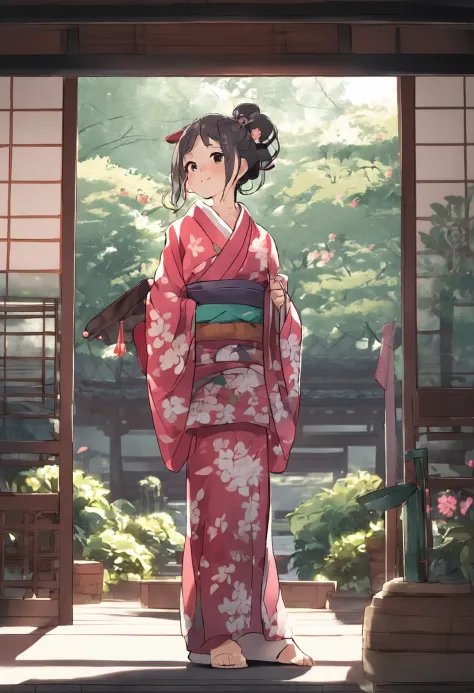 Japan 20-year-old girl,Well-groomed and beautiful face,Full body figure wearing kimono,breasts are small and inconspicuous,,Wearing long sleeves,Holding a drawstring in your hand