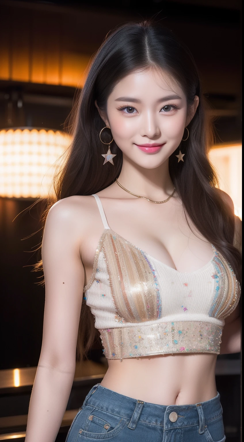 realistic photos of 1 cute Korean star, multi-tied hair , white skin, thin makeup, 32 inch breasts size, slightly smile, multicolour crop top, pants, in the bar, close-up, UHD