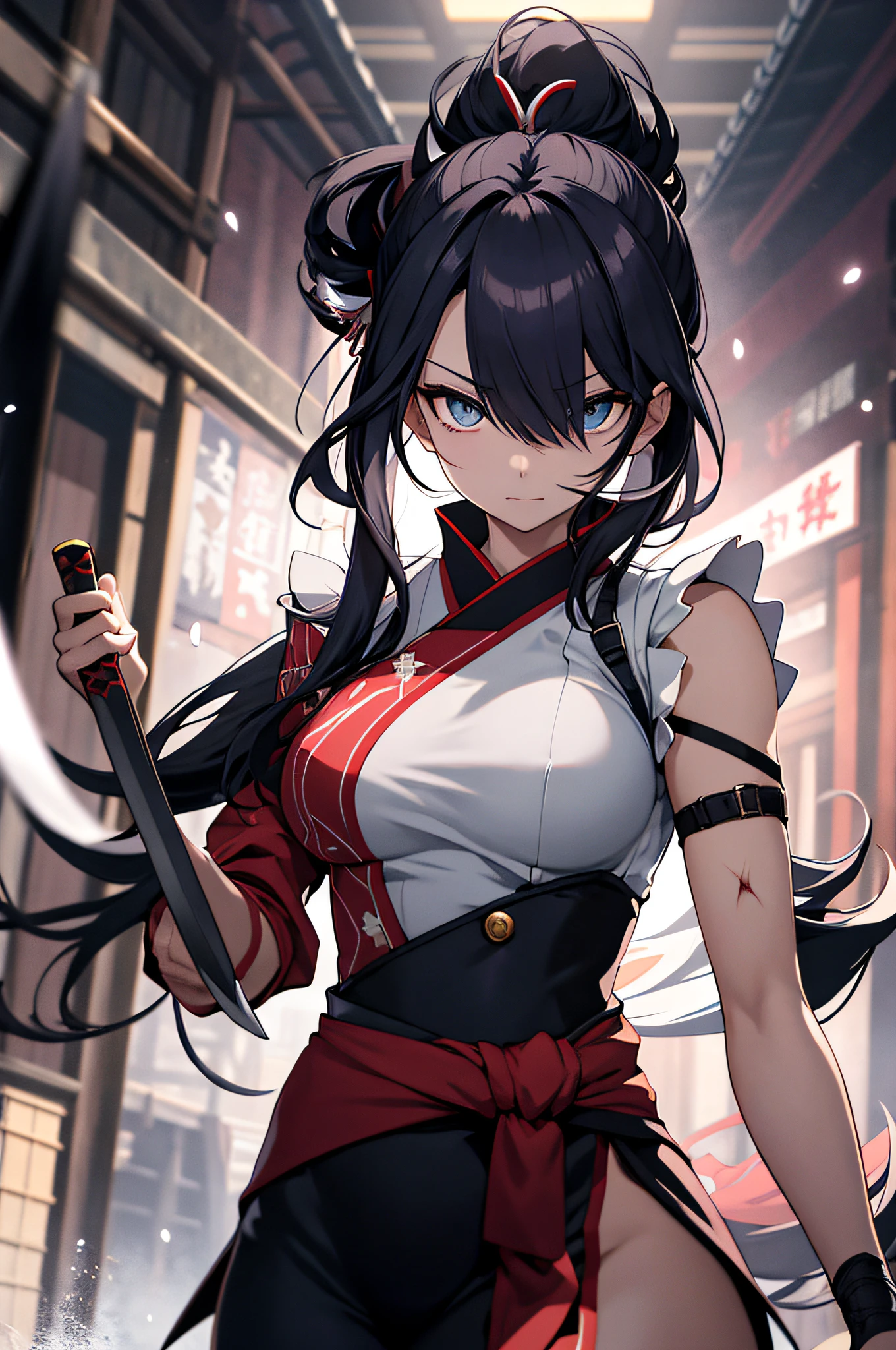 ultra-detailliert、illustratio、profetional lighting、pretty skin、Her eyes shone like stars、 [[Delicate fingers and hands:0.55]::0.85]、 [[Delicate toes and legs]、disheveled hair、Glossy hair、shinny skin、Curvaceous but slender、1 maid、Background with：Battle of Okehazama、well-muscled、Backgrounds with depth、I can see the sky、Decoration on hair、poneyTail、Original Characters、Slashing at the photographer、Like a scene from a cartoon、Picture in motion、True acting、Devilish expression、action scene、Holding a Japan sword in his right hand and a sheath at his waist、Japanese dress（in the edo era）、Scars on the face、A mirage-like aura covering the body、miyamoto musashi、assist々Kojiro Ki、Killing、Flash、Sharp sword muscles、open one's legs、