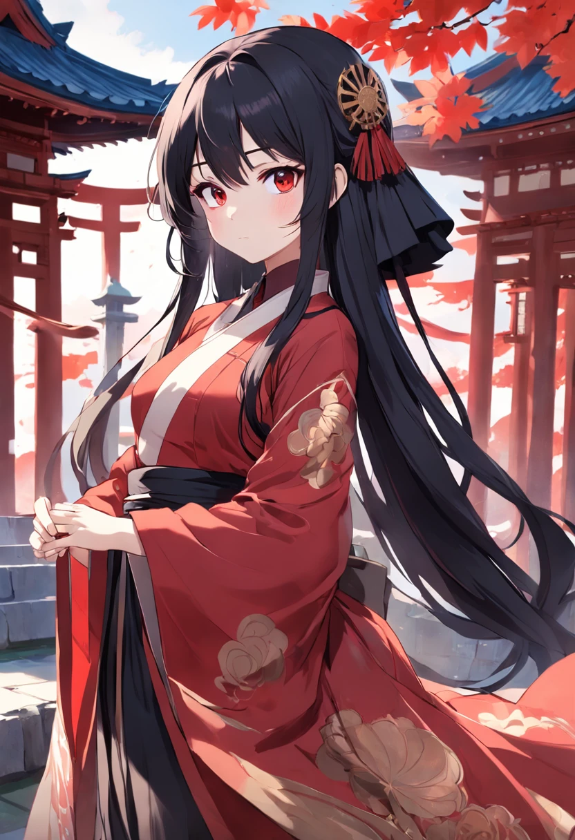 Create an anime style illustration of a black long-haired girl, Costume in red period costume，accentuating her curves. Emphasize a body with gentleness, Curvy figure. shyexpression, The background is an ancient pavilion，Show a character who embraces her form with elegance and style