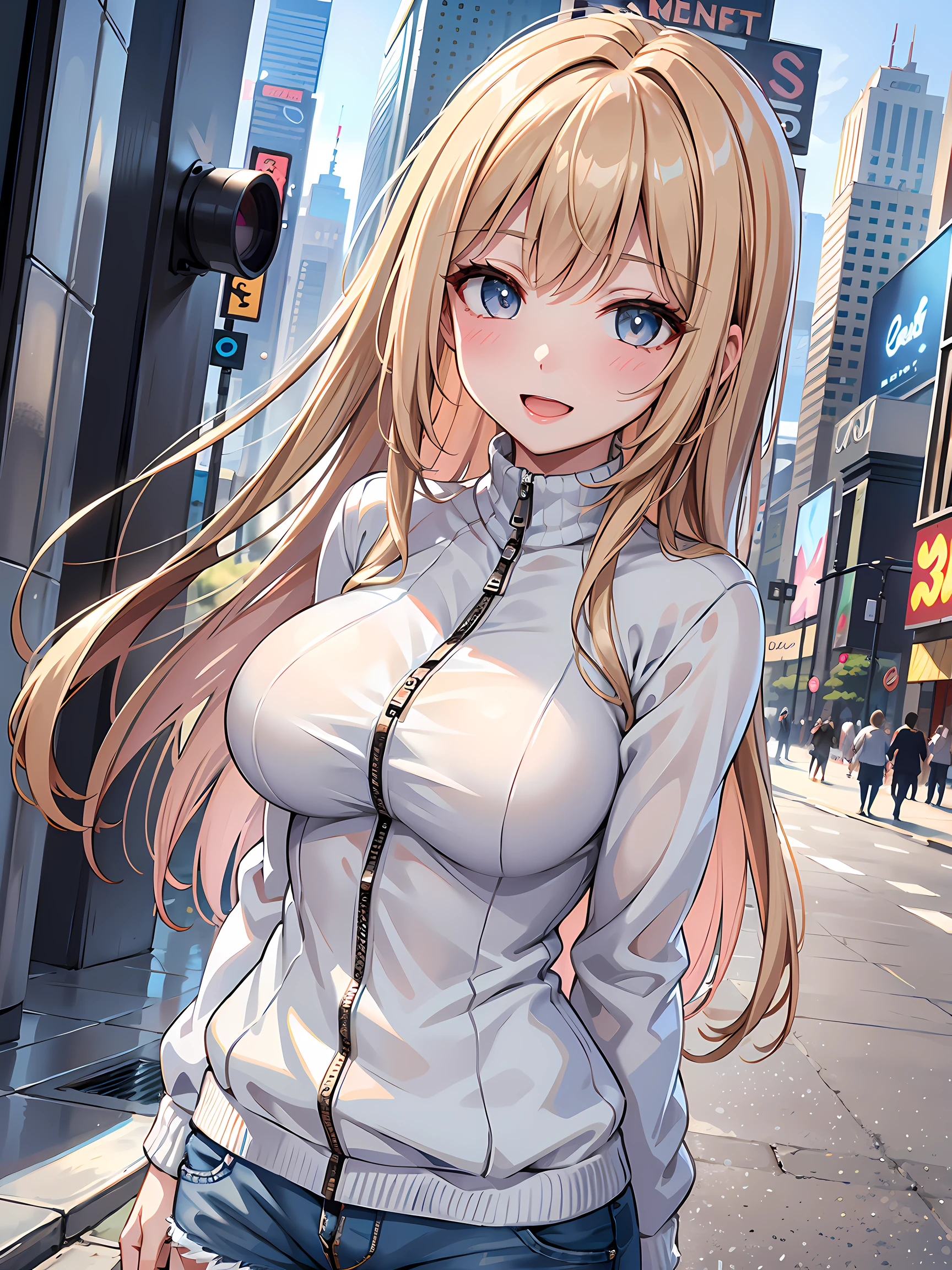 (1girl:1.3, solo), (Masterpiece, best quality, photorealistic, highres, photography, :1.3), ultra-detailed, sharp focus, professional photo, commercial photo, (upper body:1.3), (standing at downtow street), (((starring at the viewer:1.5))), (arms behind back:1.3), 
BREAK, 
1girl, solo, milf, European girl, hot model, (attractive model:1.37), (promotional model:1.2), highly detailed eyes and pupils, realistic skin, (attractive body, large breast:1.25, thin waist:1.15), medium-length thin hair, single braid hair, mahogany hair, extremely detailed hair, delicate sexy face, sensual gaze, shiny lips, 
BREAK, 
(light-blue zip-up turtleneck sweater:1.3), (shorts:1.3), detailed clothes, 
BREAK, 
(outdoor, Times Square garden background, blurry background:1.25, simple background, no-human background, detailed background), (under sunset:1.37), 
BREAK, 
(attractive posing), ((realistic, super realistic, realism, realistic detail)), perfect anatomy, perfect proportion, bokeh, depth of field, hyper sharp image, (attractive emotion, seductive smile:1.2, happy:1.2, blush:1.2, :d:1.2, :p:1.2), 4fingers and thumb, perfect human hands, wind,