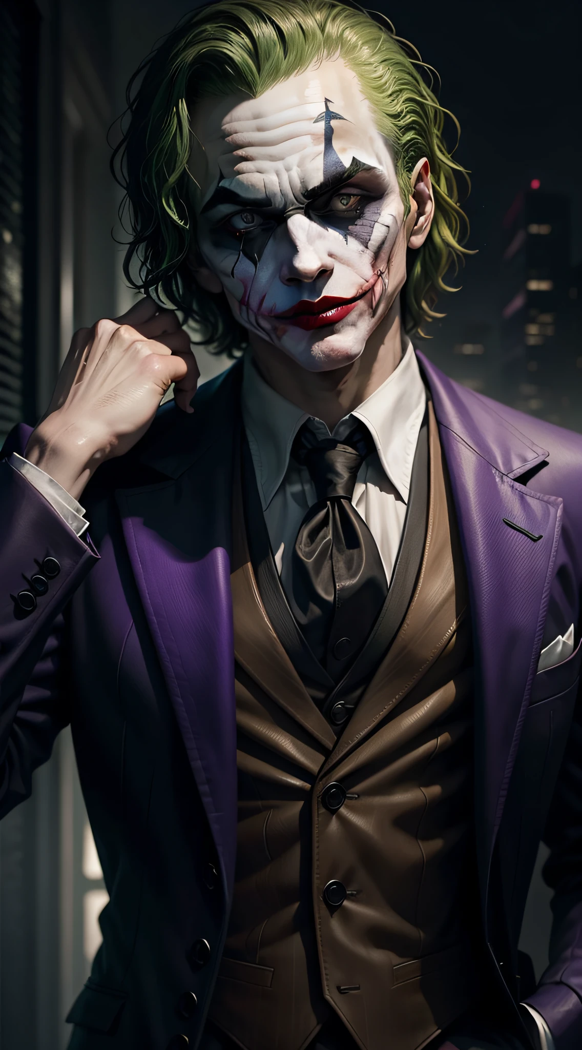 Traje de joker de batman arkhamn con cabello verde y traje morado - SeaArt  AI