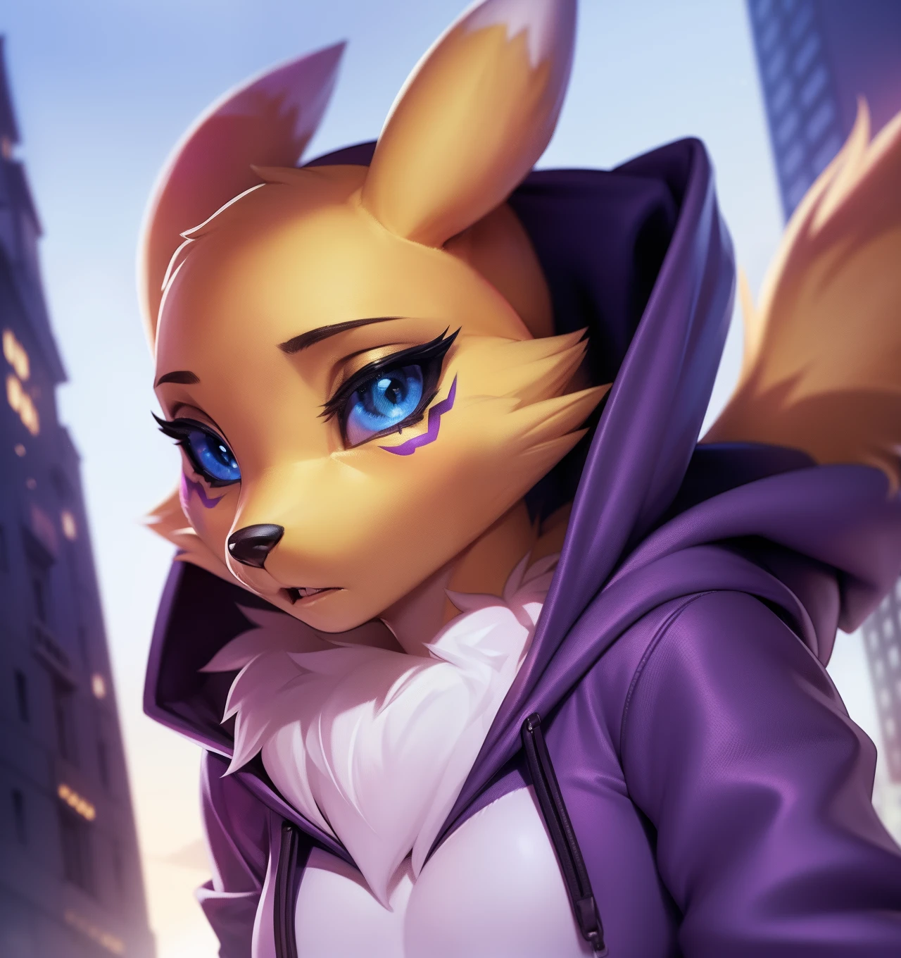 renamon, furry female, anthro, fox girl, portrait, close-up,  (hoodie:1.2),  fur trim, solo, (body fur:1.2), (best quality), (detailed urban background:1.2), dramatic lighting, (detailed fluffy fur:1.1), looking at viewer,