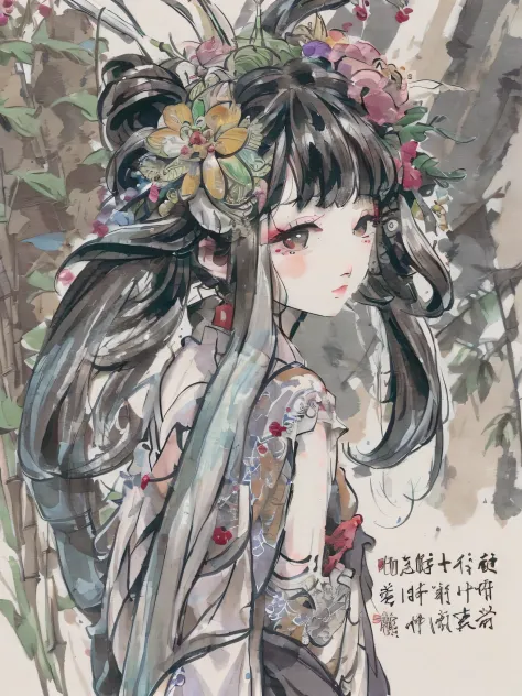 Yuen Jiahao，(bamboo0.1)，Best quality,Highly detailed,Masterpiece,Ultra-detailed,illustration,Hair_flower,{flower ribbon}，