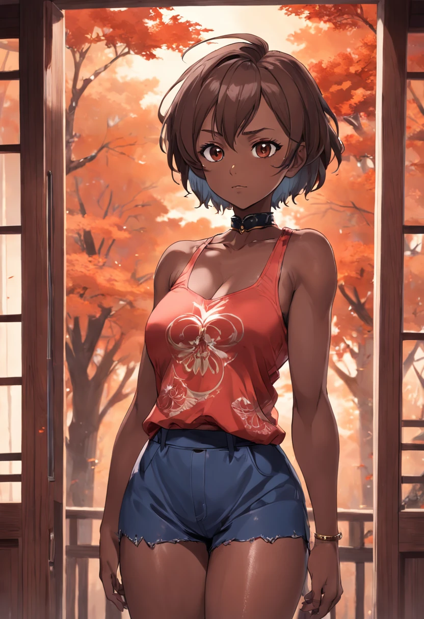 Anime girl with short hair and red top standing in front of a window -  SeaArt AI