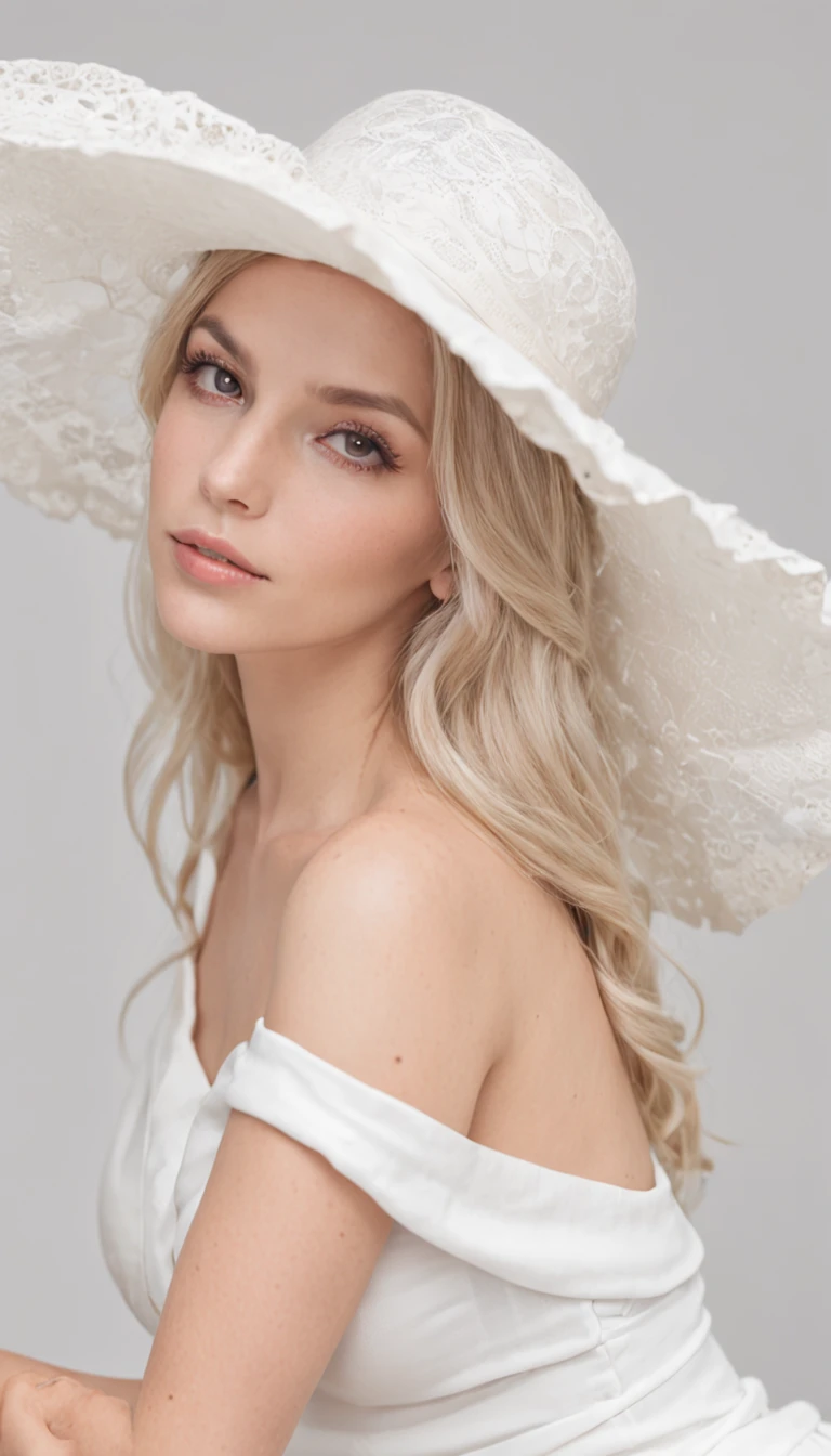 side view of a stunning beautiful woman with blond hair, brown eyes, giant bare , bare body, wearing a big white hat, sitting on a white sofa, in a white bright room, in the background white walls and a white door