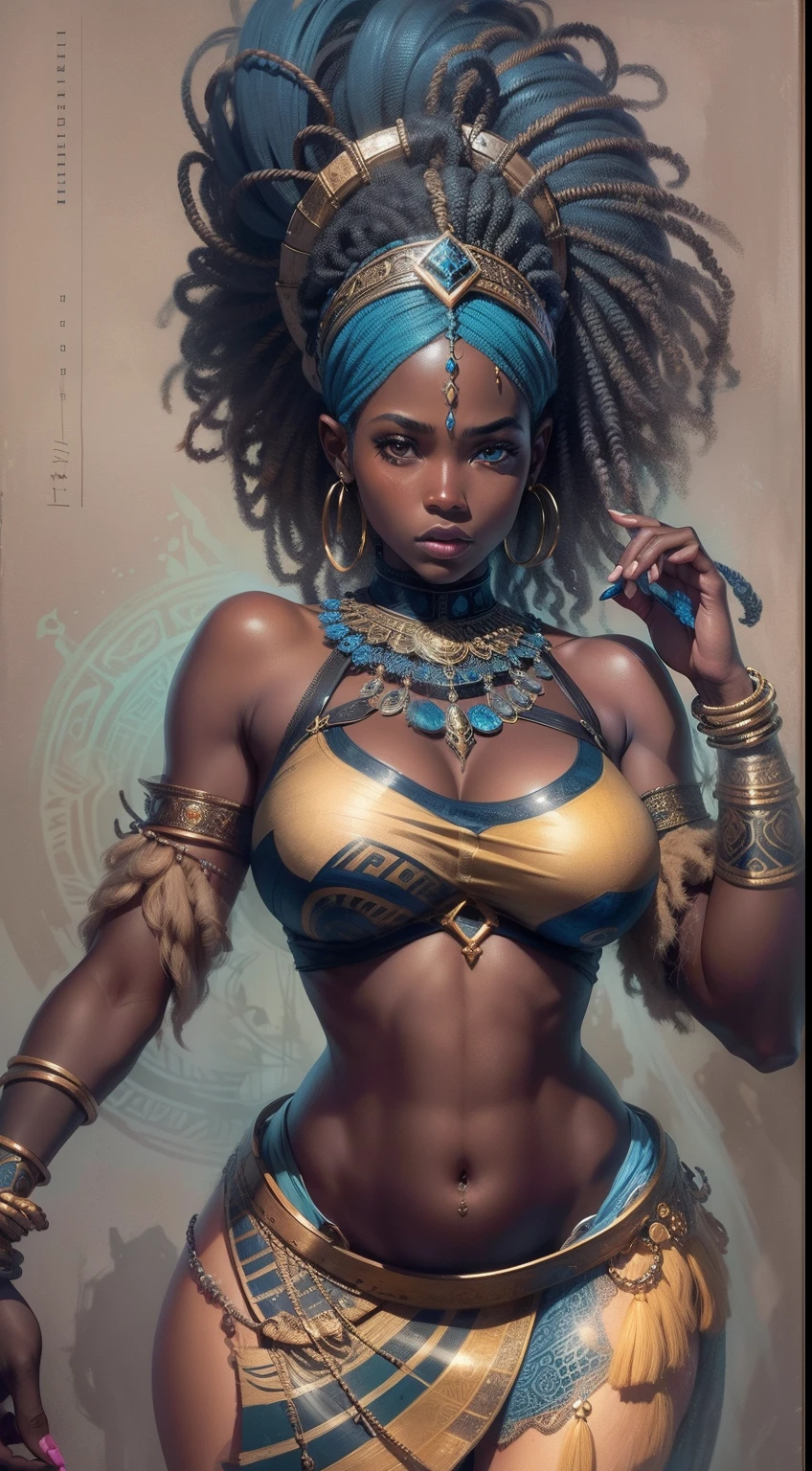 Top CG，（tmasterpiece），（insanely details），（Ultimate quality），1girll，African goddess Yemanja, Coloring, The dominance of blue, perfect bodies, sketchbook, handpainted, darkly, bravery, realistic sketch, Rough sketch, A strong blend of dark colors and loose lines, Bold lines, portraitures,full bodyesbian, African symbol, A symbol of water,dark themes,  big breasts enchanting，dynamicposes