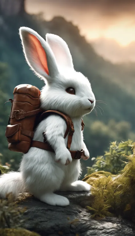 Classic negative portrait photo, fantasy video game character concept art, a cute white fluffy rabbit with a small brown leather backpack looking at a map hiking through the forest, dungeons and dragons, fantasy, river, haze, halo, Bloom, dramatic atmosphe...