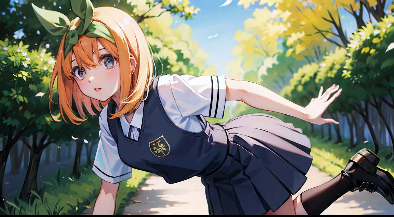 Anime girl in school uniform with green leaves on her head - SeaArt AI