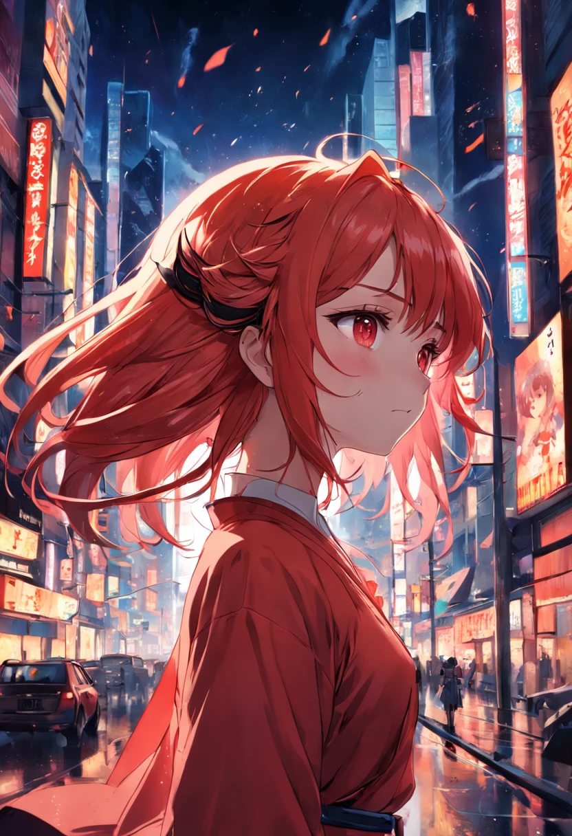 Anime girl in red kimono outfit walking down the street - SeaArt AI