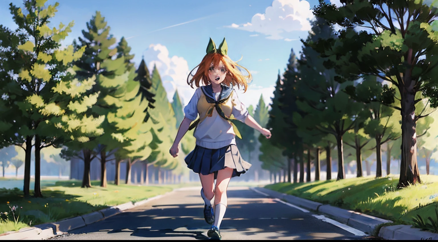 Chica se acerca corriendo Hacia ti en frente, primer plano, yotsuba nakano, yotsuba, escuela, liston verde, cabello naranja, cabello corto, ((falda verde)),corriendo, chica anime, anime, enfrente, primer plano, ((corriende en primer plano)), ((con los brazos abiertos)), ((Approach)), afuera de la escuela, sola, (enfrente), (posando para una foto)