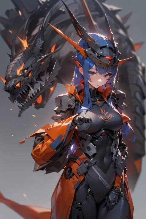 Dragon ear, at night,huge and complex technical background,(masterpiece),(detailed),(intricate details),(realistic, photo-realistic:1.1),i1girl,solo,(full body:1.0),blue fire,gear,giant robot,machine,damage armor,glove,machinery suit,(machinery boots),Mech...