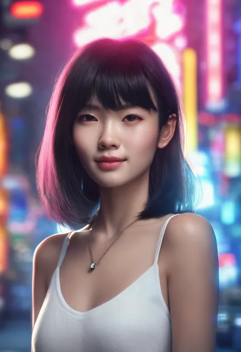 Straight black hair, Silky hair, The hairstyle is short Bob, Wear a well-fitting white T-shirt, Large of breast, Luminism, smooth soft skin, Symmetrical, Natural skin texture, Neon is illuminated with neon as the only light source, young Japan woman，Smooth...