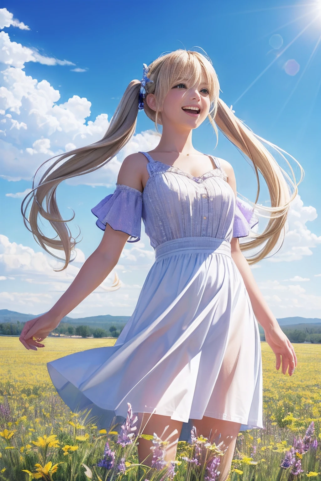 (8k, RAW photo, realistic, photo-realistic:1.5), masterpiece, best quality, high resolution, extremely detailed, detailed background, cinematic lighting, dynamic angle, lens flare, dramatic, 1girl, cute girl, solo, wind, pale-blonde hair, blue eyes, very long twintails, white hat, blue sky, laugh, flying petal, flowery field, sky, lavender, sun, field, fractal art