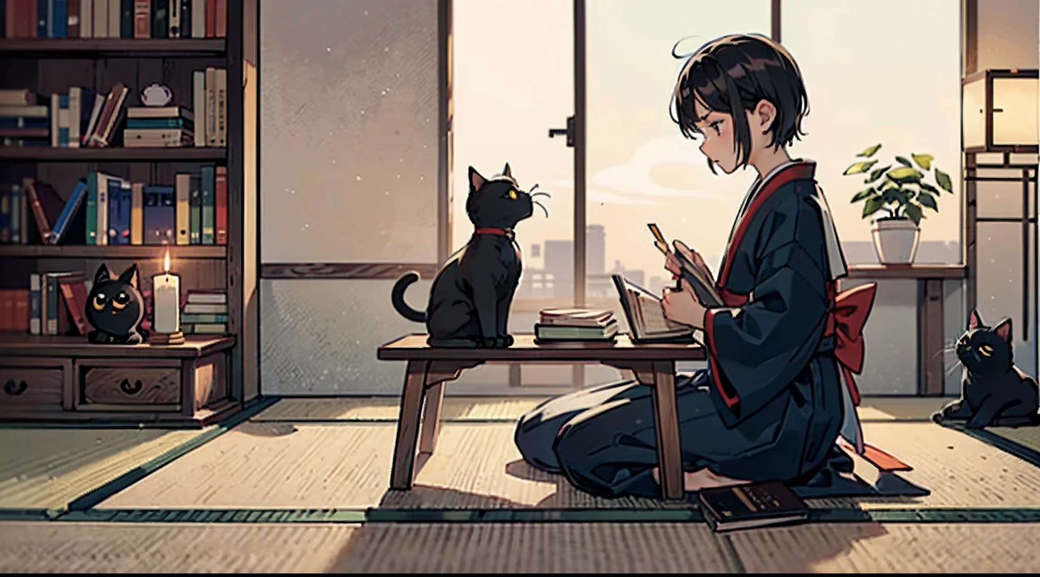 #Quality (intricate-detail、ultra-detailliert:1.2,Masterpiece),
#night sky (darkness of night,no light),
#one writing boy (16 male、writer,Honor Students、A dark-haired、short-hair、hakama,sit flat),
#black room at night (no light,black cat,wooden table,one candle,pretty tatami,a lot of books,bookshelf)