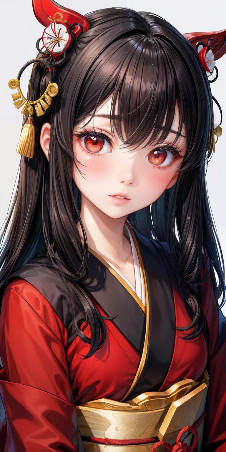 realisticlying、女の子 1 人、A dark-haired、Slender eyes、Black eyes、radiant eyes、Kimono、geisha、Parted lips、red blush、Simple blank background　Background through、Upper body portrait