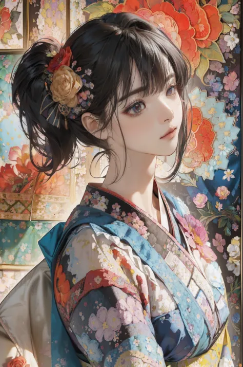 Solarization:1.5,(Patchwork floral tapestry art background:1.5),Colorful、Black hair、long、Korean beauty with matching bangs、Thin eyeliner、Rose Red Lip、Red kimono、Powerful studio lighting、top-quality、​masterpiece、bokeh dof、Front Focus