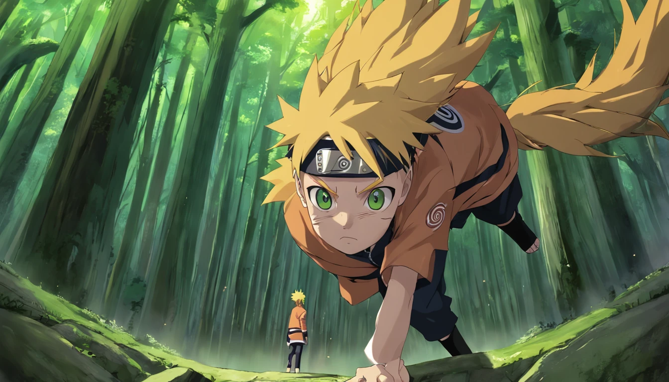 Naruto Uzumaki Training With Kurama The Nine Tailed Fox In Deep Green Forest Of Ancient Ruins