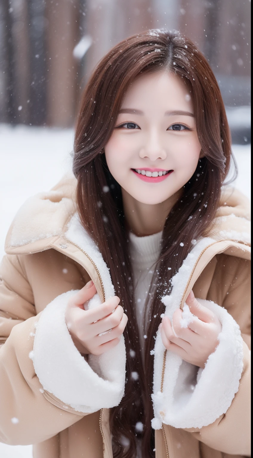 реалистичные фотографии одной милой корейской звезды, многозавязанные волосы , белая кожа, тонкий макияж, Размер груди 32 дюйма, слегка улыбнуться, коричневая шуба, играю в снег, снег падает, верхняя часть тела, UHD