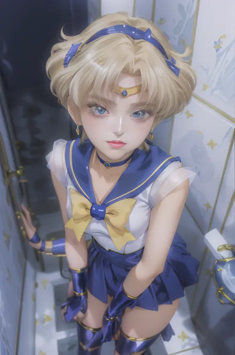 Sailor Uranus in short skirt and bow tie standing in bathroom, Sailor Moon Style, Portrait of a female anime hero, portrait knig...