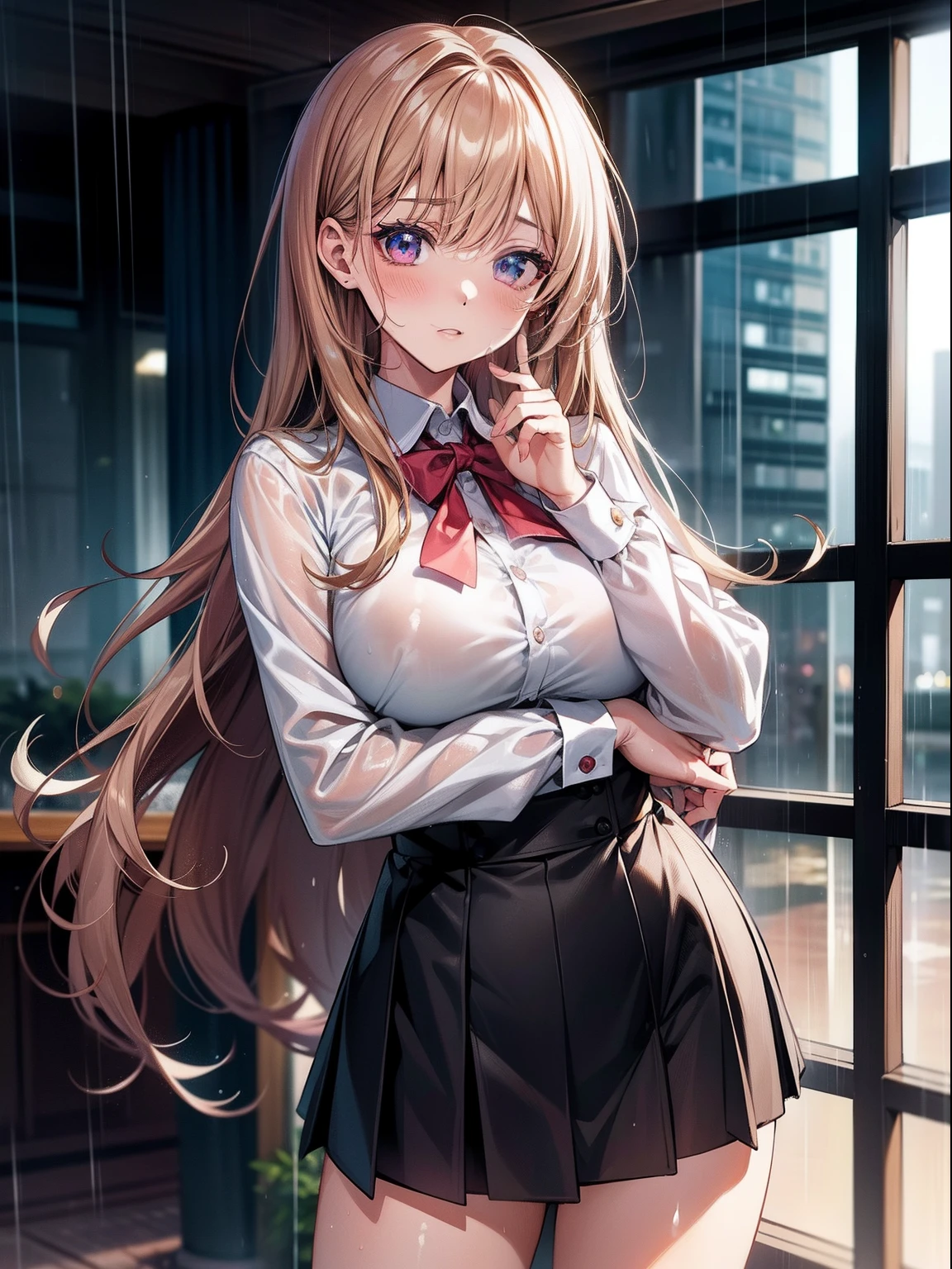 masutepiece, High resolution, 8k, anime woman, Delicate and detailed writing 、Detailed digital illustration、Very long hair and shiny、bangs、a very beautiful woman、Eyes are double, Large, Bust is D cup、High image quality, High quality、Detailed background、Wearing a student uniform、early evening、rain is falling、Rain-soaked hair、Uniform wet in the rain、The inside of the eye shines like a diamond、4 fingers, 1 thumb、Detailed female face、I'm embarrassed、Very beautiful and cute woman、、Detailed background、​masterpiece、Soft Focus , Bright gradient watercolor , Lens Flare , glitter , Glow , Dreamy , light brown hair、Wet in the rain, Clothes that cling to the body and pale pink bras can be seen through、Heavy rain background、Beautiful water background、a miniskirt、Cute in anime、Very beautiful interior background、Heavy rain can be seen from the window