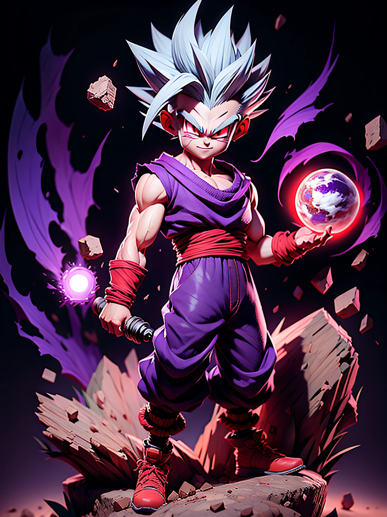 masterpiece, best quality, ultra-detailed, Adult Gohan 1boy, solo, Full body, evil smile, grey hair, spiked hair, (((red eyes))), (((perfect eyes))), (((PURPLE dougi))), full body, looking at viewer, male focus, earth \(planet\), planet, space, cracked ground and lots of rocks rising up, lots of debris going up, perfect hands . Cute, chibi,