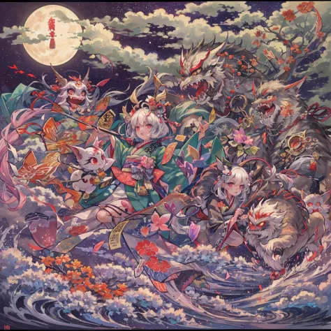 Do not go out at midnight. They appear in the moonlight and clouds. Various Japanese sprits, Various Japanese demons, Heian-kyo,...