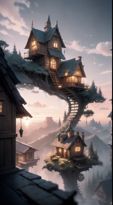 valley, fairytale treehouse village covered, , Matte painting, Highly detailed, Dynamic lighting, Cinematic, Realism, Realistic, photoreali, Sunset, Detailed, High contrast, denoised, Centered, Michael Whelan