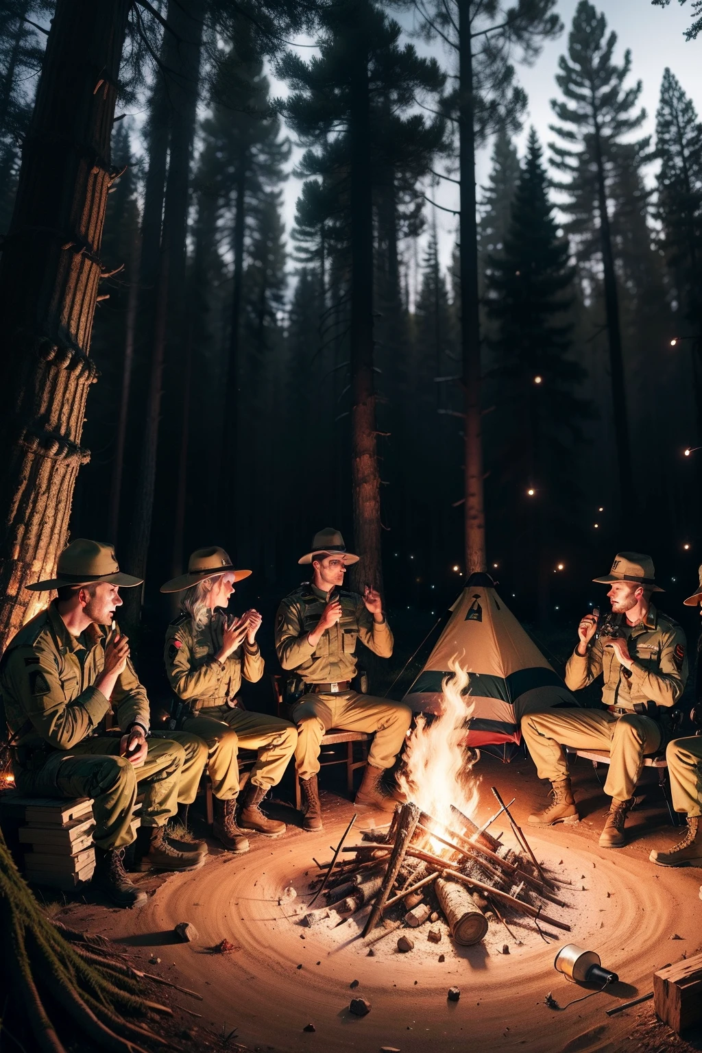 Several soldiers sitting around a campfire in the woods - SeaArt AI